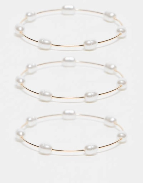 Curve pack of 3 bangles with faux pearl detail in gold tone