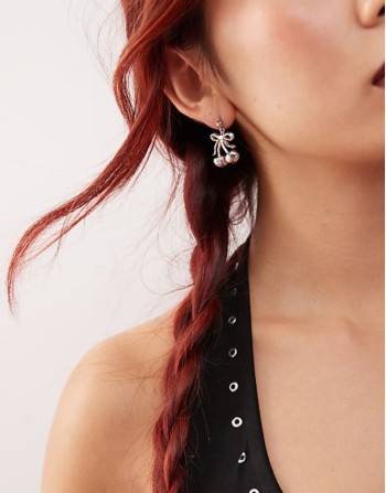 cherry ribbon earrings in palladium plated