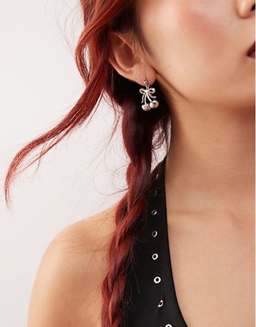 cherry ribbon earrings in palladium plated