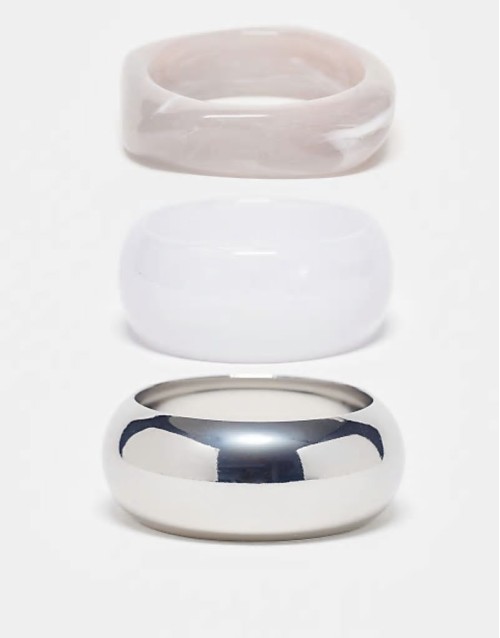 pack of 3 bangle bracelets in resin and metal in silver tone