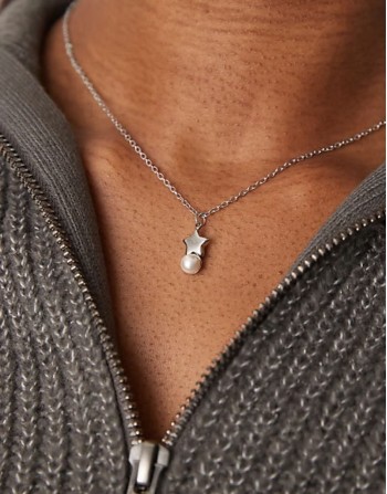 Lost Souls stainless steel star and pearl pendant necklace in silver