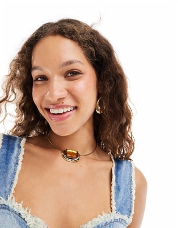 unisex choker necklace with faux amber stone
