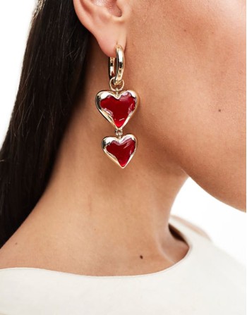 drop earrings with red heart detail in gold tone
