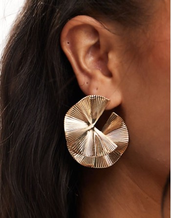 statement round pleated stud earrings in gold