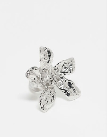 oversized flower ring in silver