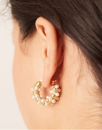 pearl & crystal embellished hoop earrings in 18k gold plated