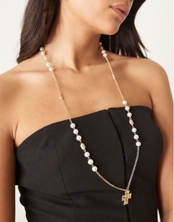 pearl beaded chain necklace with cross pendant