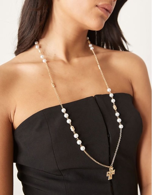 pearl beaded chain necklace with cross pendant