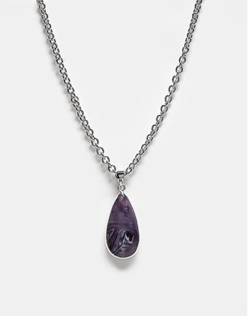 unisex necklace with faux purple pendant in silver