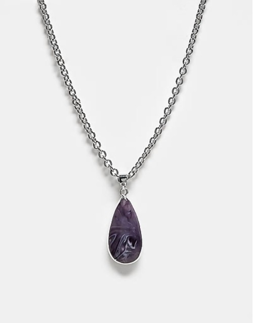 unisex necklace with faux purple pendant in silver
